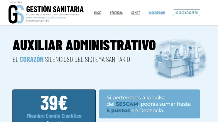 Web oficial del Congreso Internacional Online de Gestión Sanitaria para Auxiliares Administrativos